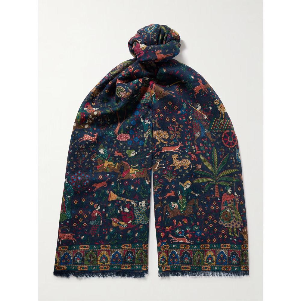 DRAKE'S Mughal Hunter Frayed Printed silk scarf